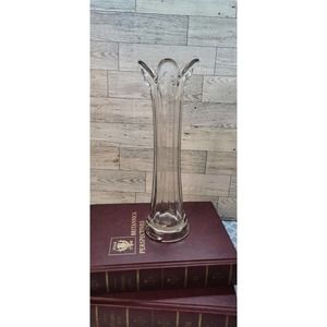 Vintage Swung Vase Clear glass Scalloped Top Paneled Six fingers 11" READ